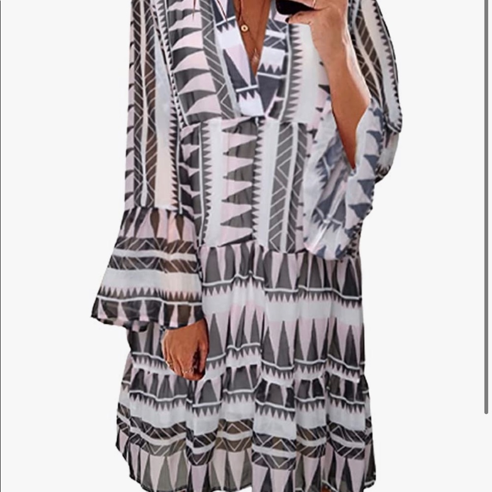 Long Sleeve V Neck Tunic Midi Dress